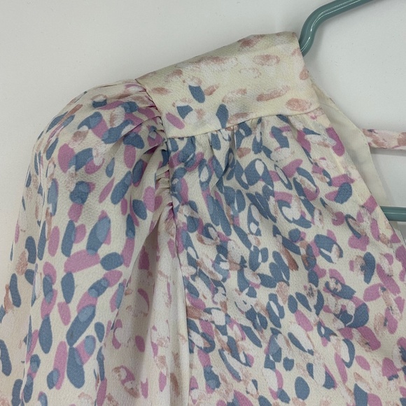 Express Womens Small Tie Back Peplum Top Purple Abstract Print Satin Long Sleeve - Picture 4 of 11